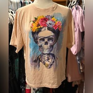 Floral Skull Graphic Tee - Tan